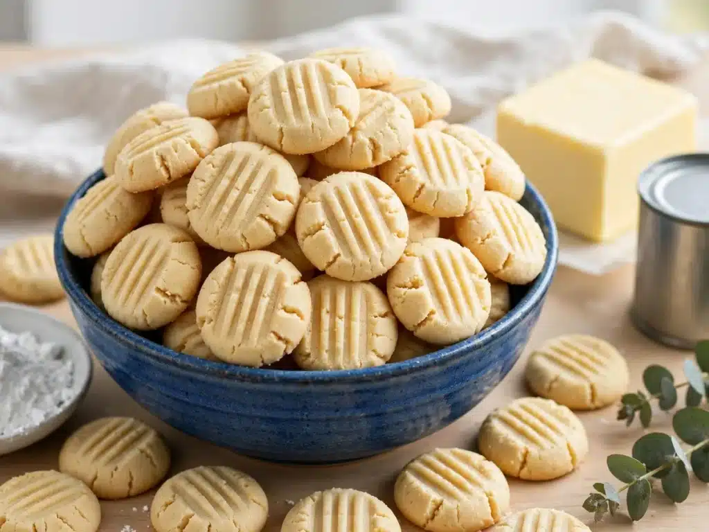 Biscoito de Maizena com 3 ingredientes: tigela azul cheia de biscoitos de maizena claros, redondos e com marcas de garfo