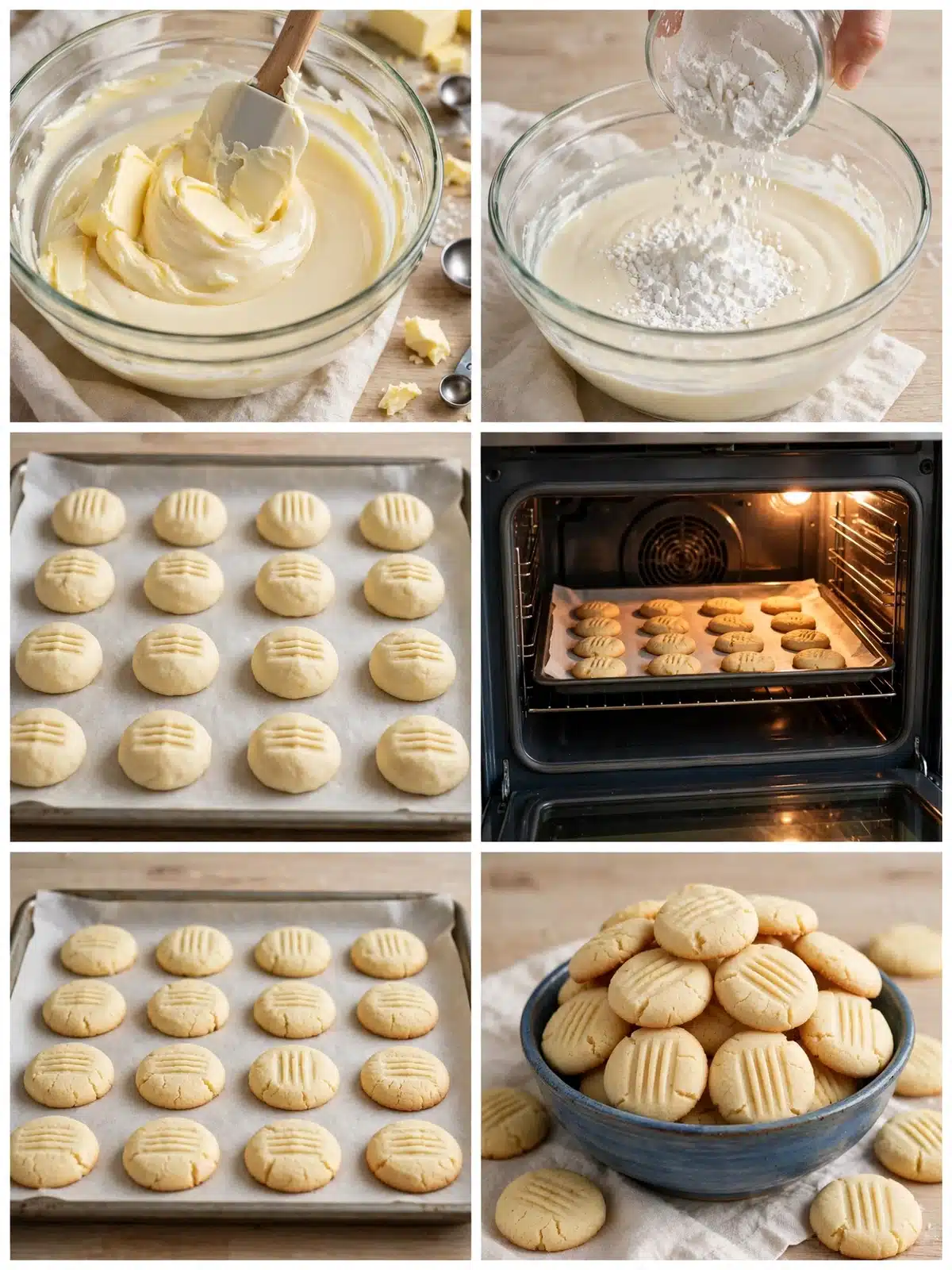 Passos para preparar Biscoito de Maizena com 3 ingredientes, desde misturar a manteiga com o leite condensado até os biscoitos prontos na tigela azul