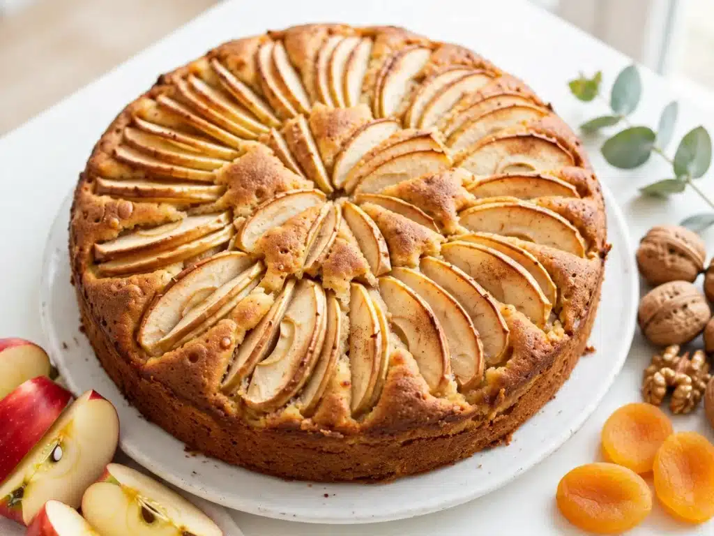 Bizcocho de Manzana de mi Abuela dorado con láminas de manzana en forma radial sobre la superficie