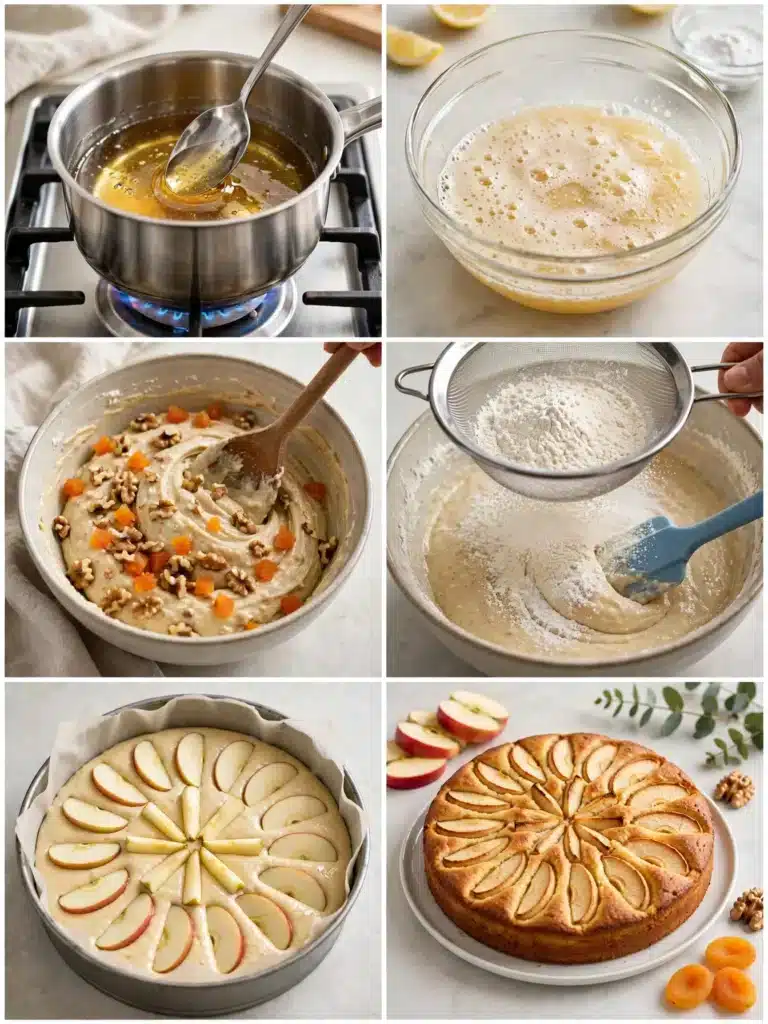 Pasos para preparar Bizcocho de Manzana de mi Abuela, desde el jarabe de miel hasta hornear el bizcocho dorado