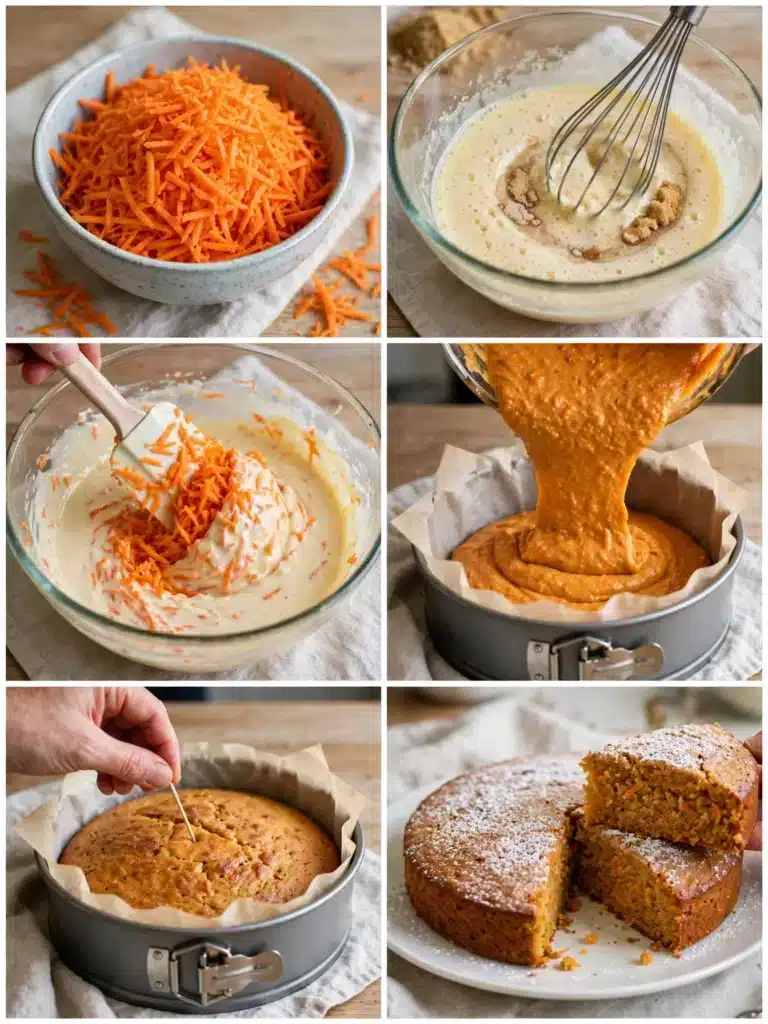 Pasos para preparar Bizcocho de Zanahoria, desde rallar las zanahorias hasta hornear el bizcocho y dejarlo enfriar