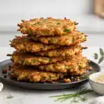 Buñuelos de Coliflor dorados y crujientes con hierbas, apilados en un plato oscuro