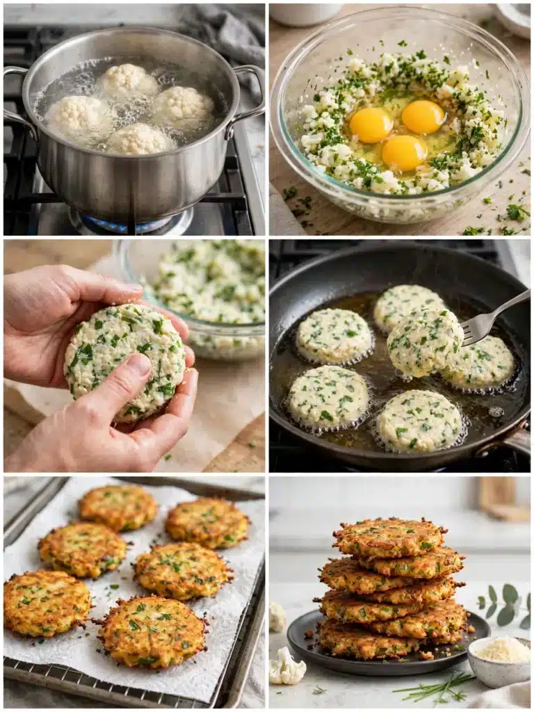 Pasos para preparar Buñuelos de Coliflor, desde cocer la coliflor hasta freír los buñuelos dorados y servirlos