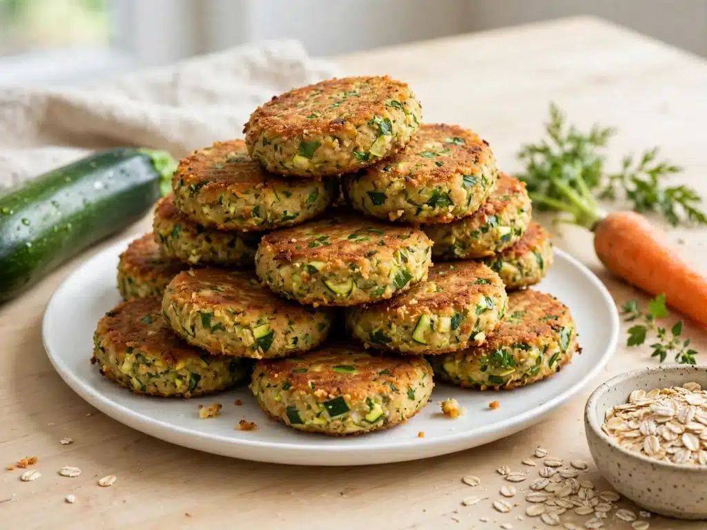 Croquetas saludables sin fritura doradas con trocitos verdes, apiladas en un plato blanco
