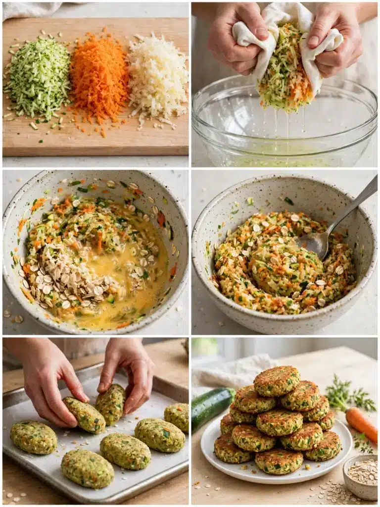 Pasos para preparar Croquetas saludables sin fritura, desde rallar las verduras hasta cocinarlas al horno o a la plancha