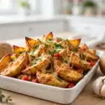 Cuñas de Papa Crujientes: gajos de papa dorados con queso fundido y pimiento rojo en plato oscuro, con cuenco de salsa