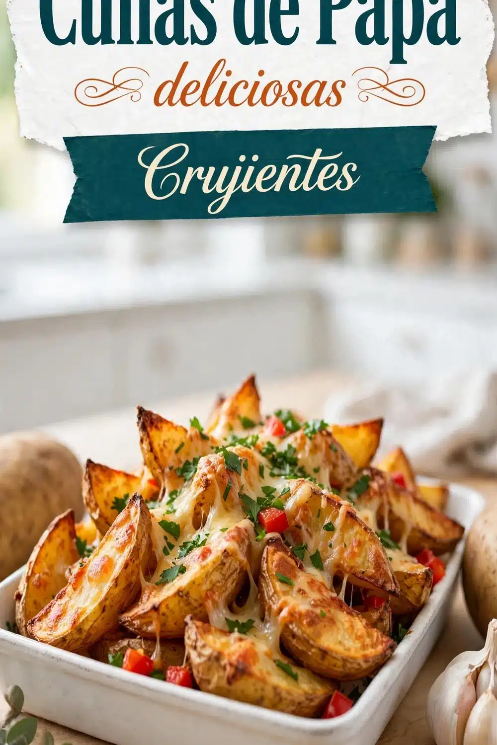 Cuñas de Papa Crujientes: gajos de papa dorados con queso fundido y pimiento rojo en plato oscuro, con cuenco de salsa