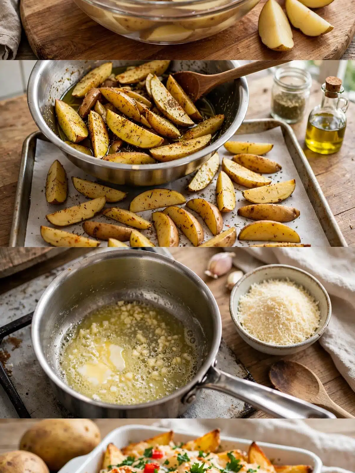 Pasos para preparar Cuñas de Papa Crujientes, desde cortar las papas en gajos y sazonarlos hasta las cuñas horneadas con queso fundido