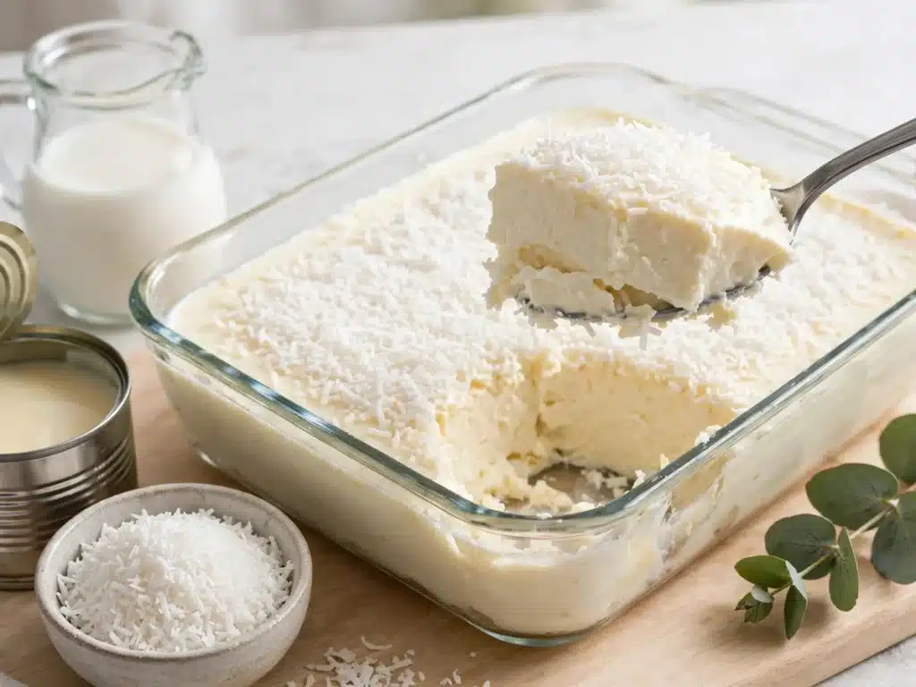 Dulce Doncella: postre cremoso de leche y coco cuajado en una fuente rectangular de cristal, con coco rallado y una cucharada levantando una porción