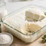 Dulce Doncella: postre cremoso de leche y coco cuajado en una fuente rectangular de cristal, con coco rallado y una cucharada levantando una porción