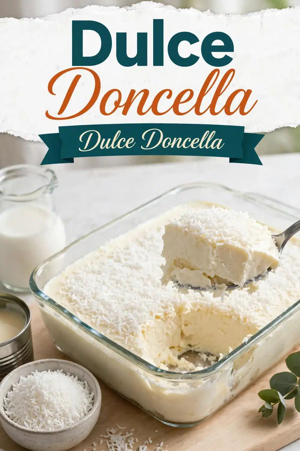 Dulce Doncella: postre cremoso de leche y coco cuajado en una fuente rectangular de cristal, con coco rallado y una cucharada levantando una porción