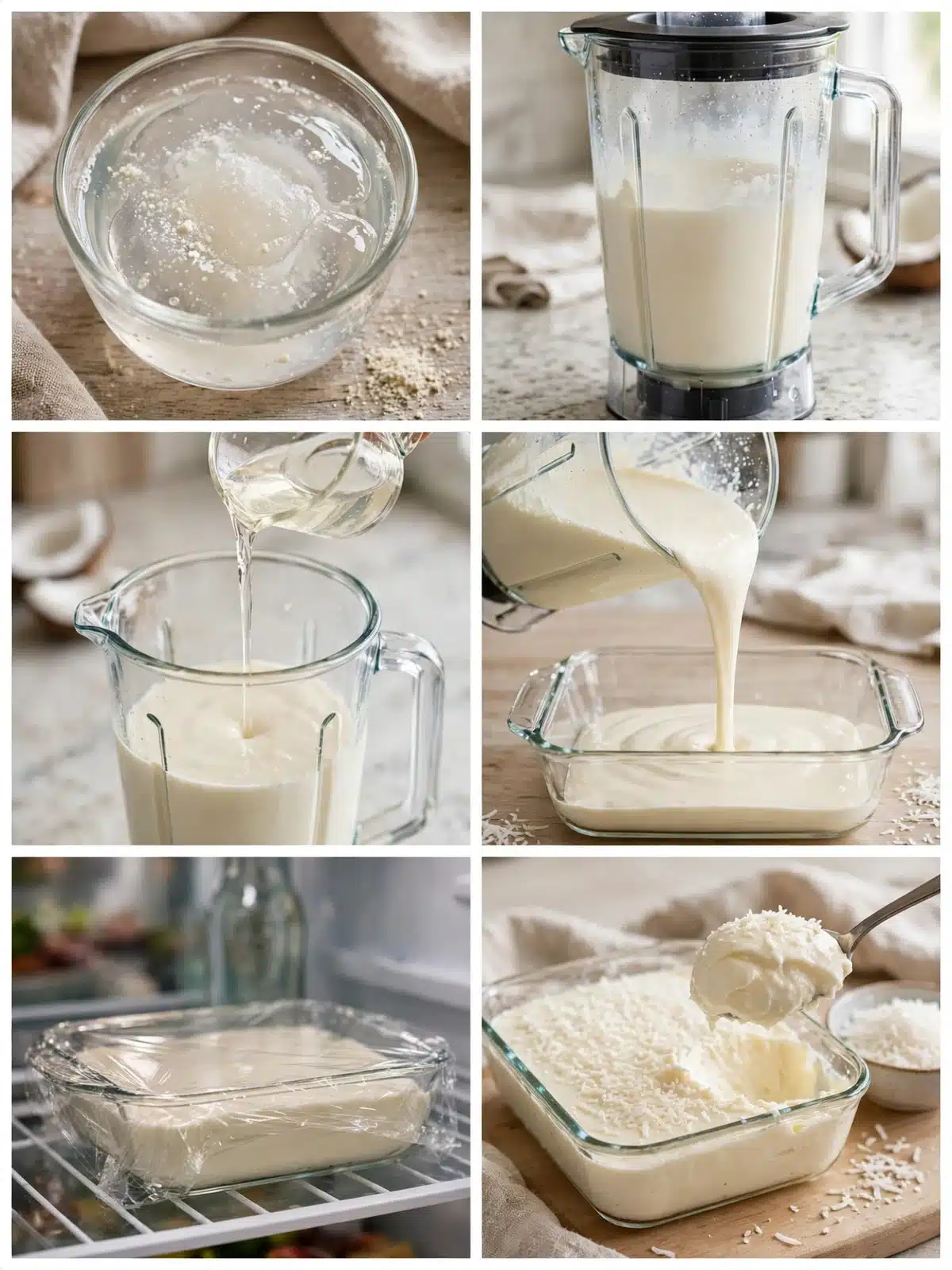 Pasos para preparar Dulce Doncella, desde hidratar la gelatina hasta el postre cuajado con coco y la cucharada servida