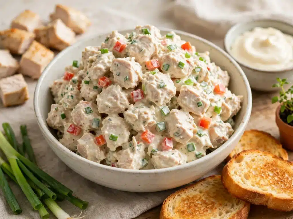 Ensalada de Pollo cremosa en un bol con tostadas, pollo en trozos y cebollino fresco