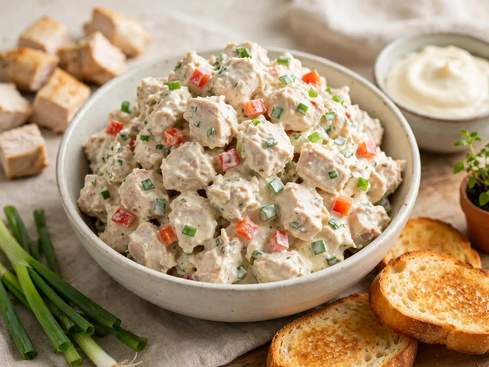 Ensalada de Pollo cremosa en un bol con tostadas, pollo en trozos y cebollino fresco
