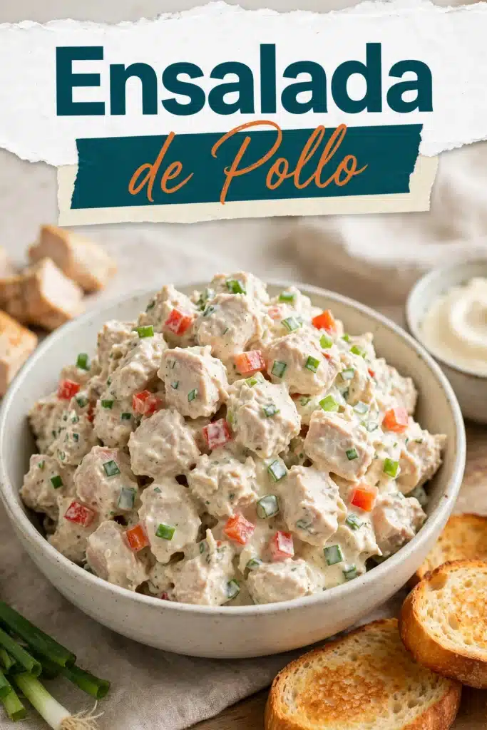 Ensalada de Pollo cremosa y casera, servida en bol con pan tostado