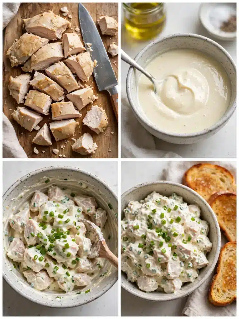 Pasos para preparar Ensalada de Pollo, desde cortar el pollo hasta mezclarlo con el aliño cremoso y servir con tostadas