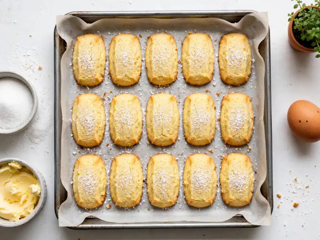 Esponjosidad y Frescura: bandeja de horno con papel vegetal llena de galletas rectangulares doradas de mantequilla espolvoreadas con azúcar