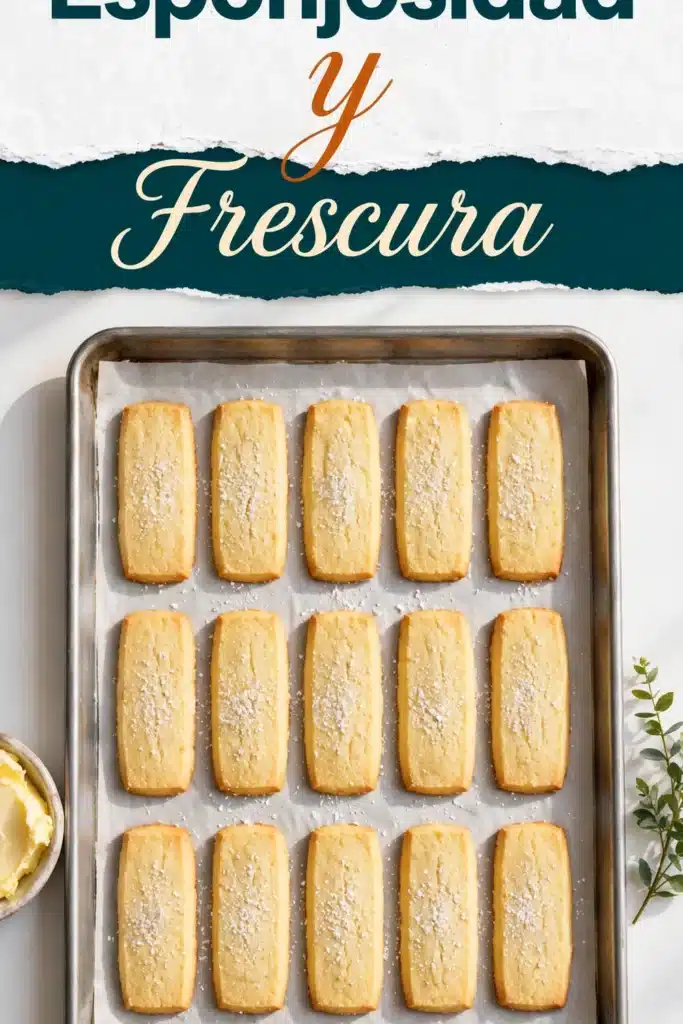 Esponjosidad y Frescura: bandeja de horno con papel vegetal llena de galletas rectangulares doradas de mantequilla espolvoreadas con azúcar