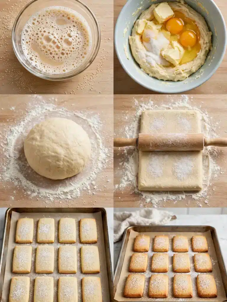 Pasos para preparar Esponjosidad y Frescura, desde activar la levadura y amasar hasta la bandeja de galletas rectangulares horneadas y espolvoreadas con azúcar