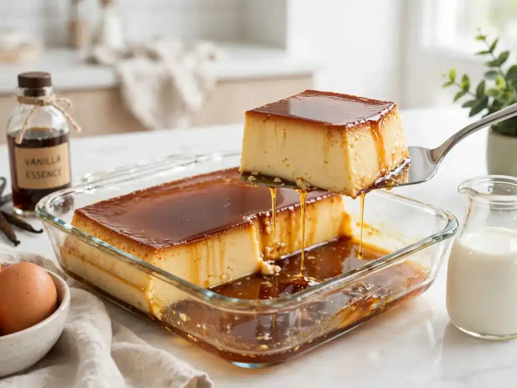 Flan de Vainilla de la Abuela con caramelo brillante en fuente rectangular de cristal, una porción cuadrada levantada