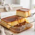 Flan de Vainilla de la Abuela con caramelo brillante en fuente rectangular de cristal, una porción cuadrada levantada