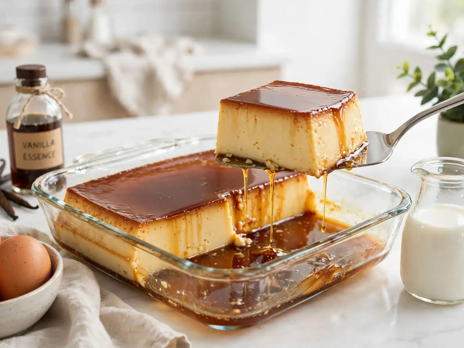 Flan de Vainilla de la Abuela con caramelo brillante en fuente rectangular de cristal, una porción cuadrada levantada
