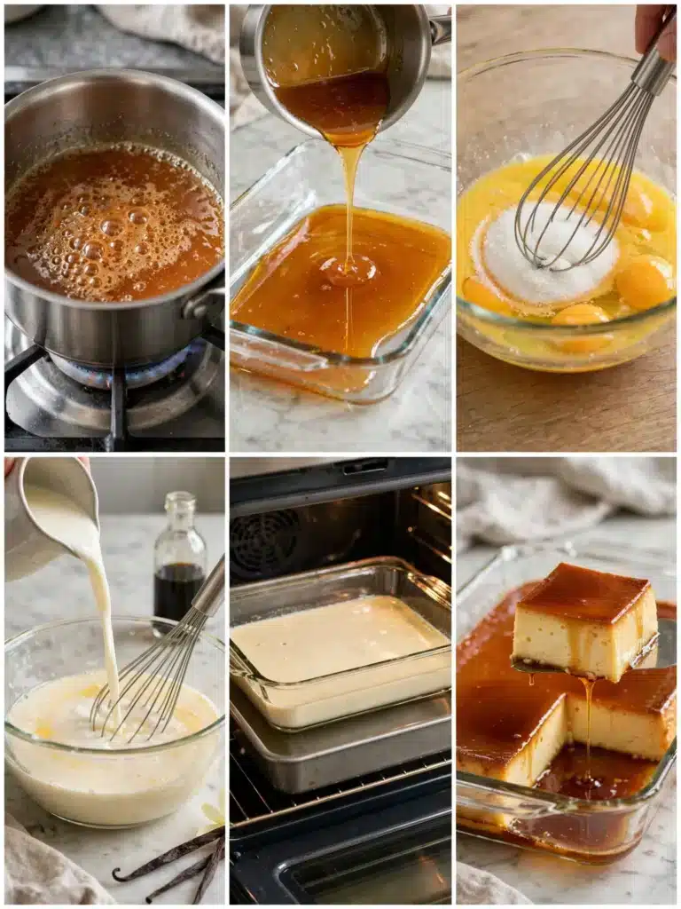 Pasos para preparar Flan de Vainilla de la Abuela, desde hacer el caramelo hasta hornearlo al baño María y desmoldarlo