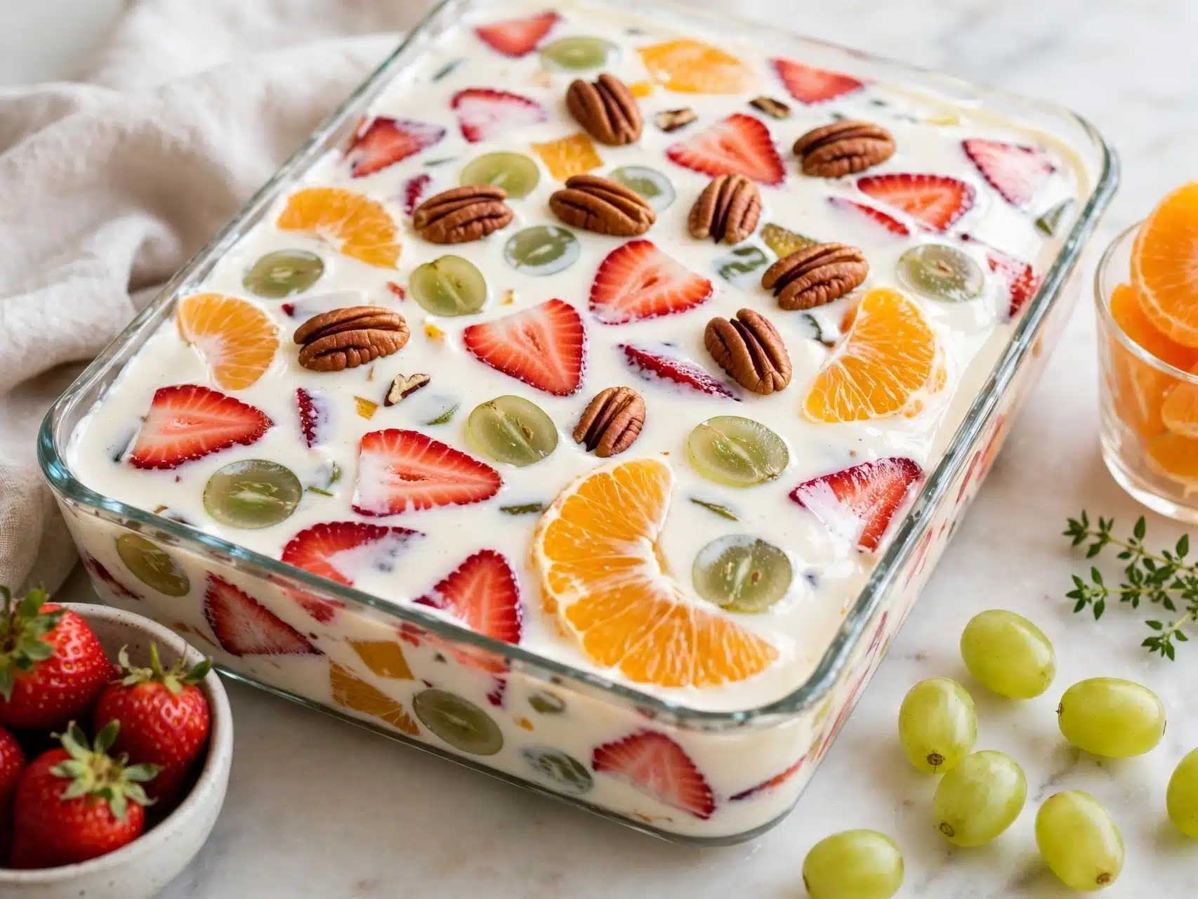 Gelatina de Mosaico con Fruta cremosa con cubos de colores y fruta fresca