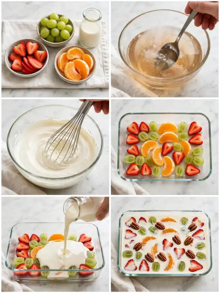 Pasos para preparar Gelatina de Mosaico con Fruta, desde cuajar las gelatinas de colores hasta desmoldar