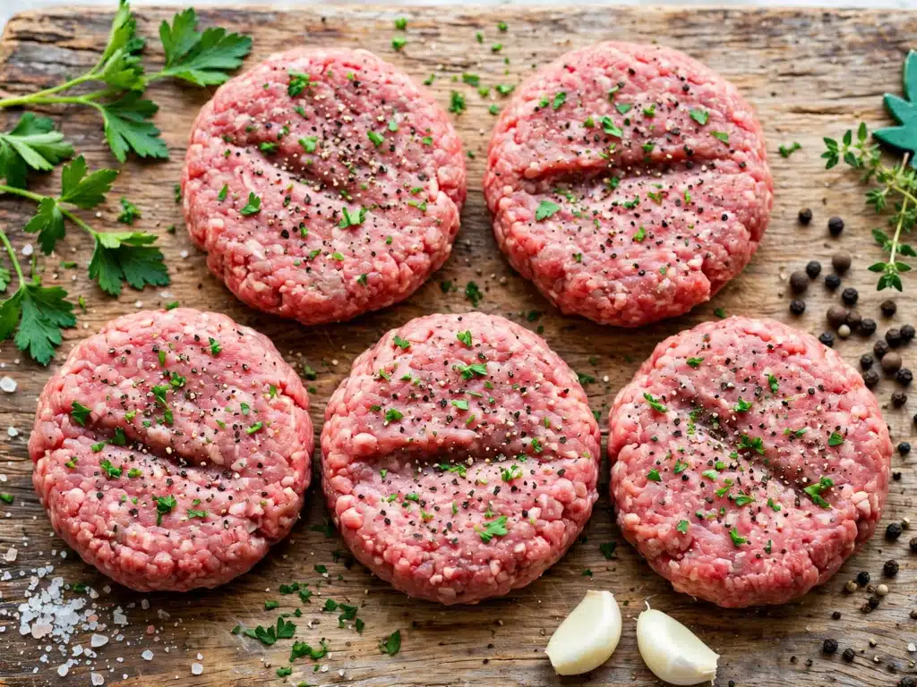 Hamburguesas Caseras formadas y crudas sobre una tabla de madera, con perejil, ajo y pimienta