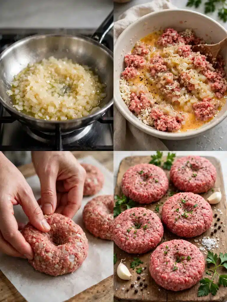 Pasos para preparar Hamburguesas Caseras, desde pochar la cebolla hasta formar las hamburguesas y cocinarlas