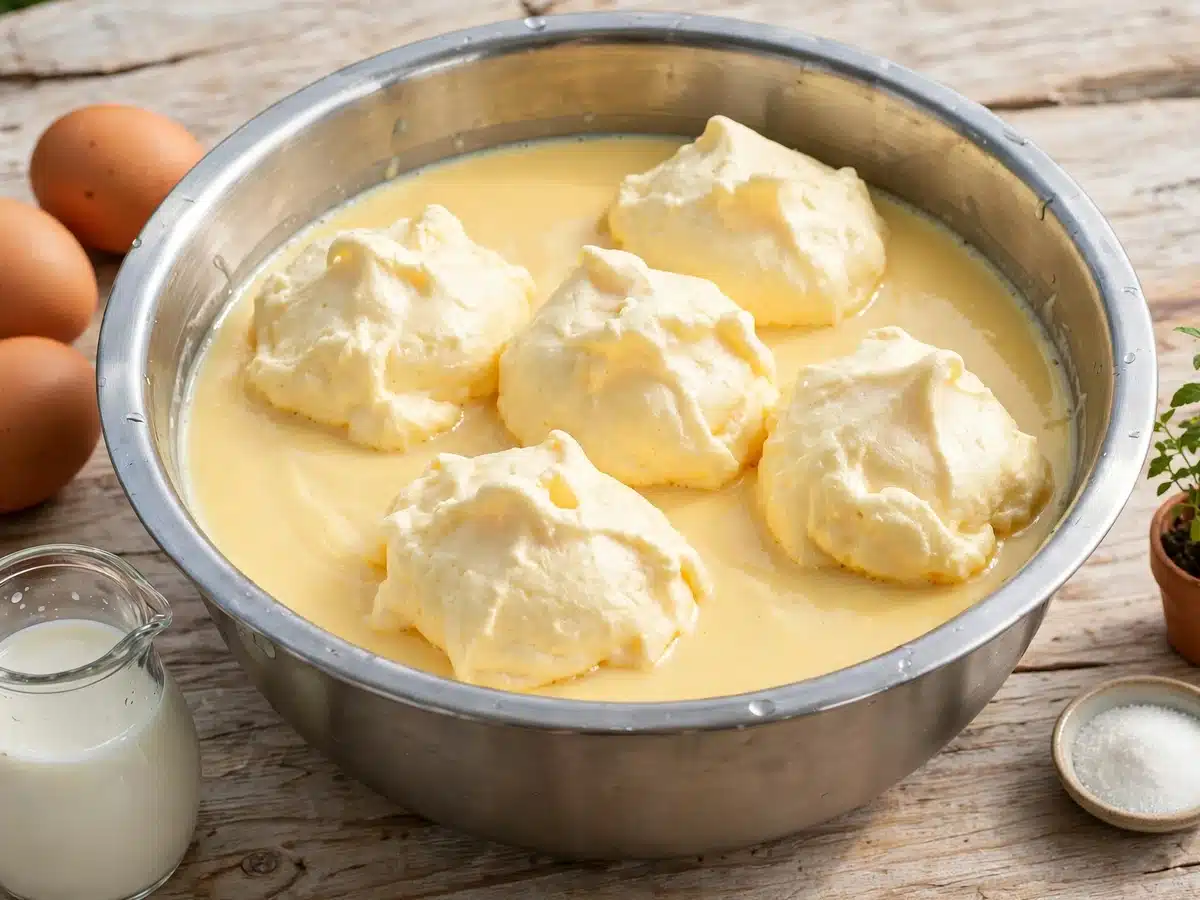 Leche de Pájaro: copos esponjosos de clara montada cocidos sobre crema de leche amarilla en un cuenco metálico