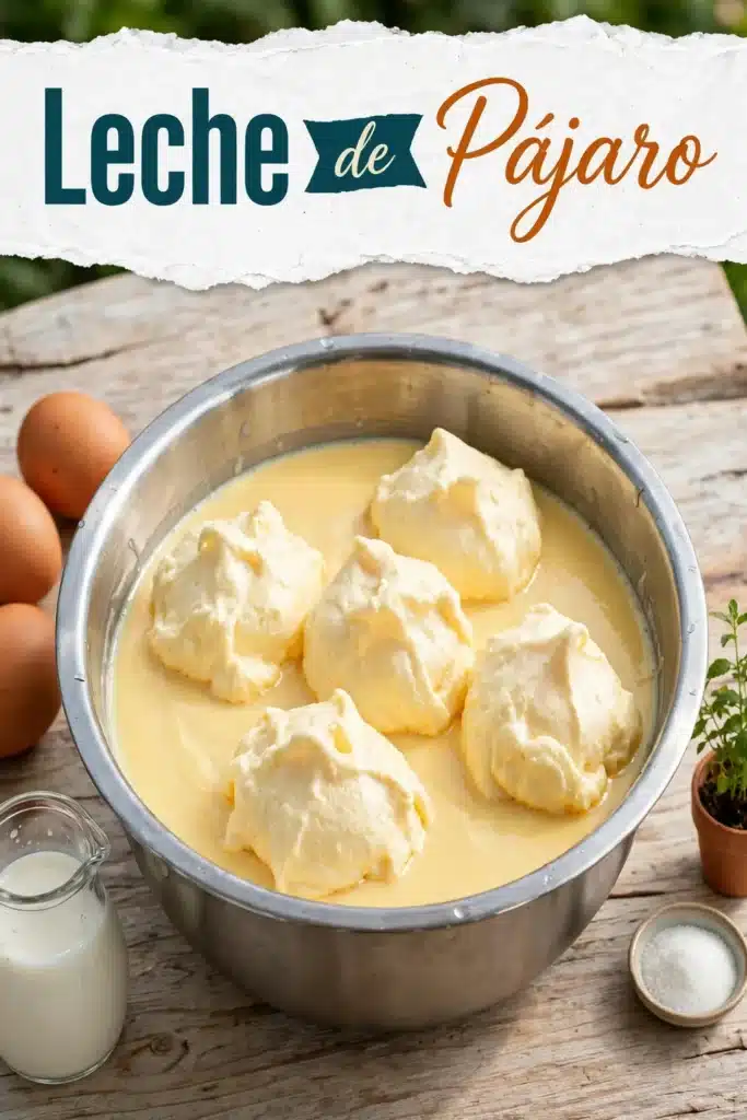 Leche de Pájaro: copos esponjosos de clara montada cocidos sobre crema de leche amarilla en un cuenco metálico