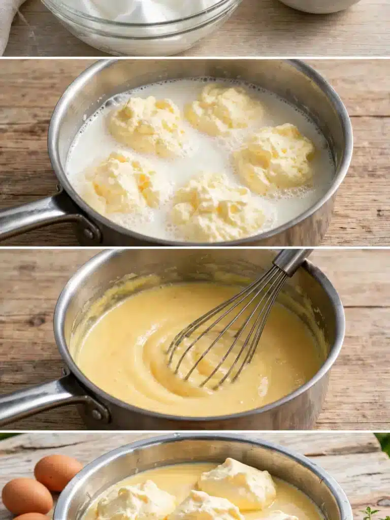 Pasos para preparar Leche de Pájaro, desde montar las claras a punto de nieve hasta los copos de clara sobre la crema en el cuenco