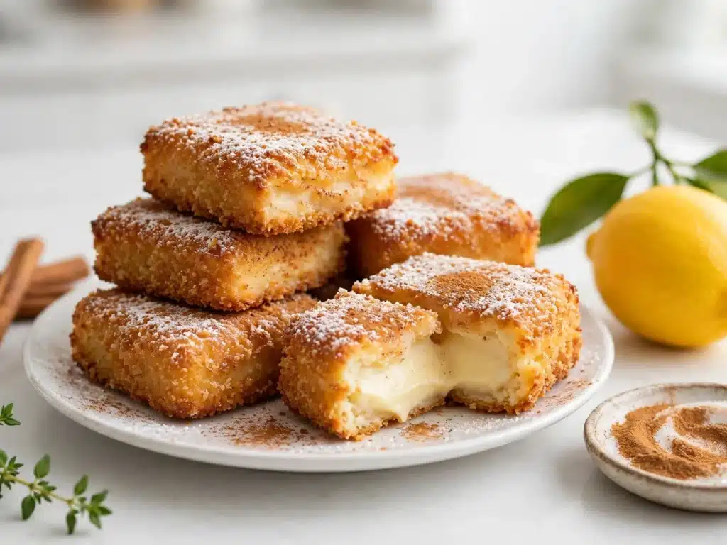 Leche frita receta tradicional en porciones doradas con azúcar y canela, una abierta con el interior cremoso