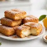 Leche frita receta tradicional en porciones doradas con azúcar y canela, una abierta con el interior cremoso