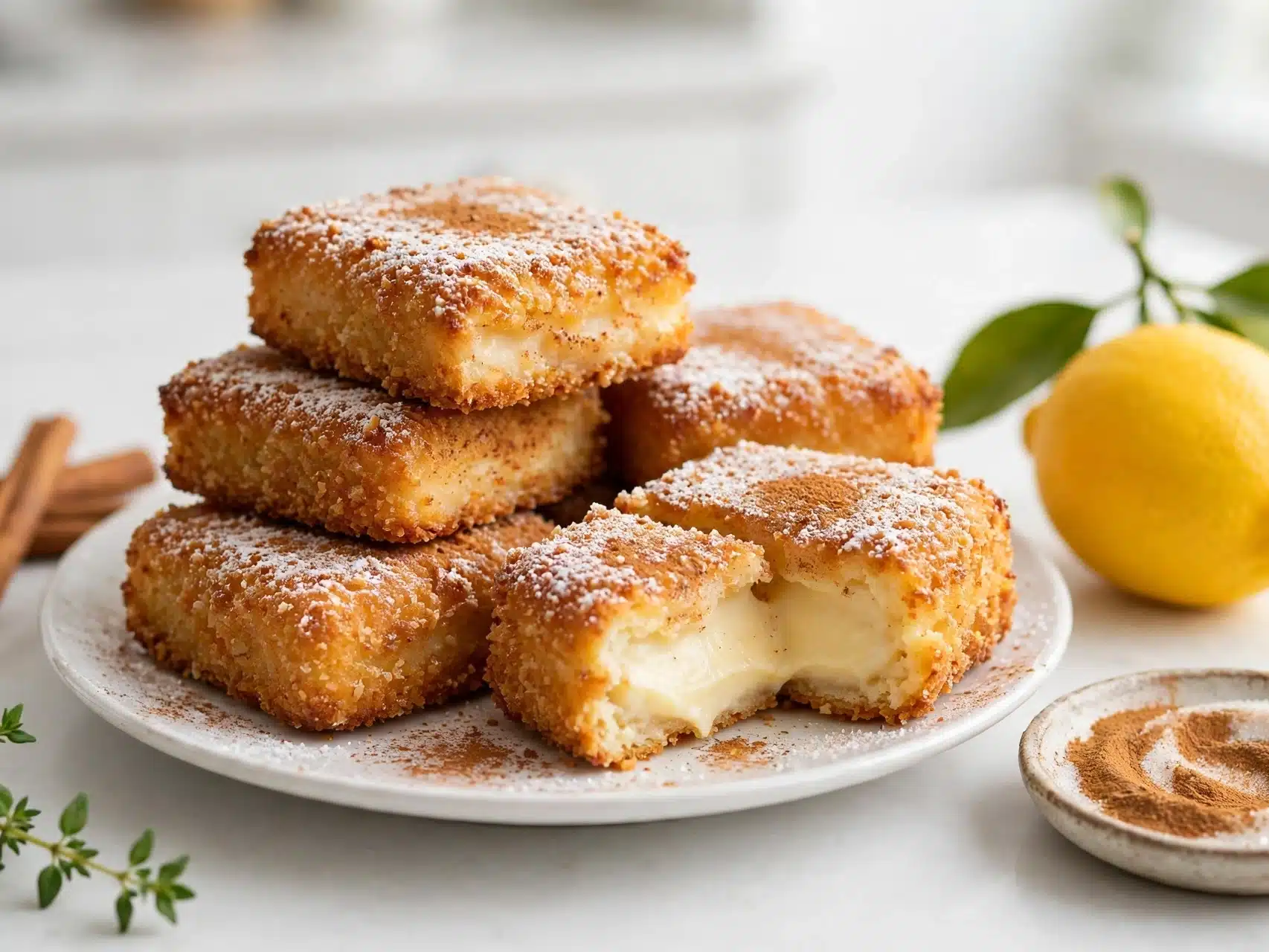 Leche frita receta tradicional en porciones doradas con azúcar y canela, una abierta con el interior cremoso