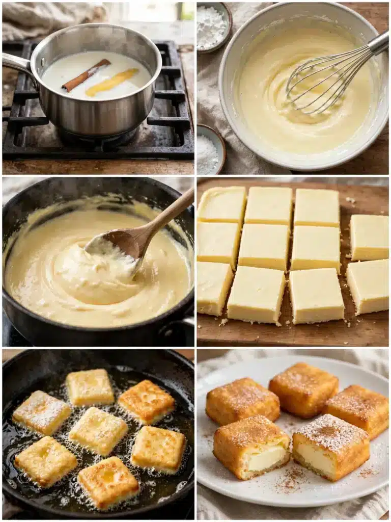 Pasos para preparar Leche frita receta tradicional, desde infusionar la leche hasta freír las porciones doradas