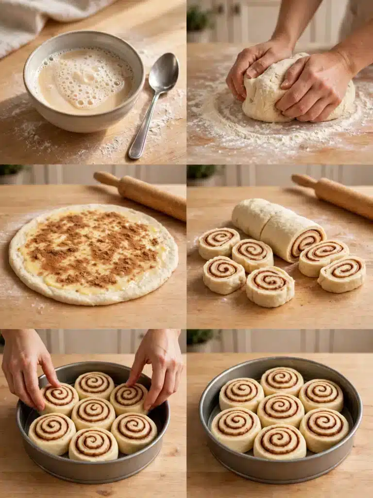 Pasos para preparar Masa para Rollos de Canela, desde activar la levadura hasta hornear y glasear los rollos