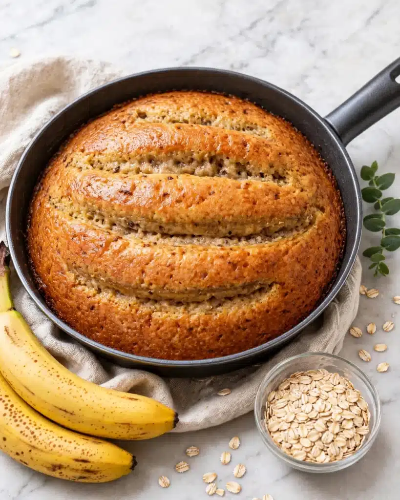 Bizcocho de Plátano y Avena en Sartén dorado en sartén antiadherente, con plátanos y avena