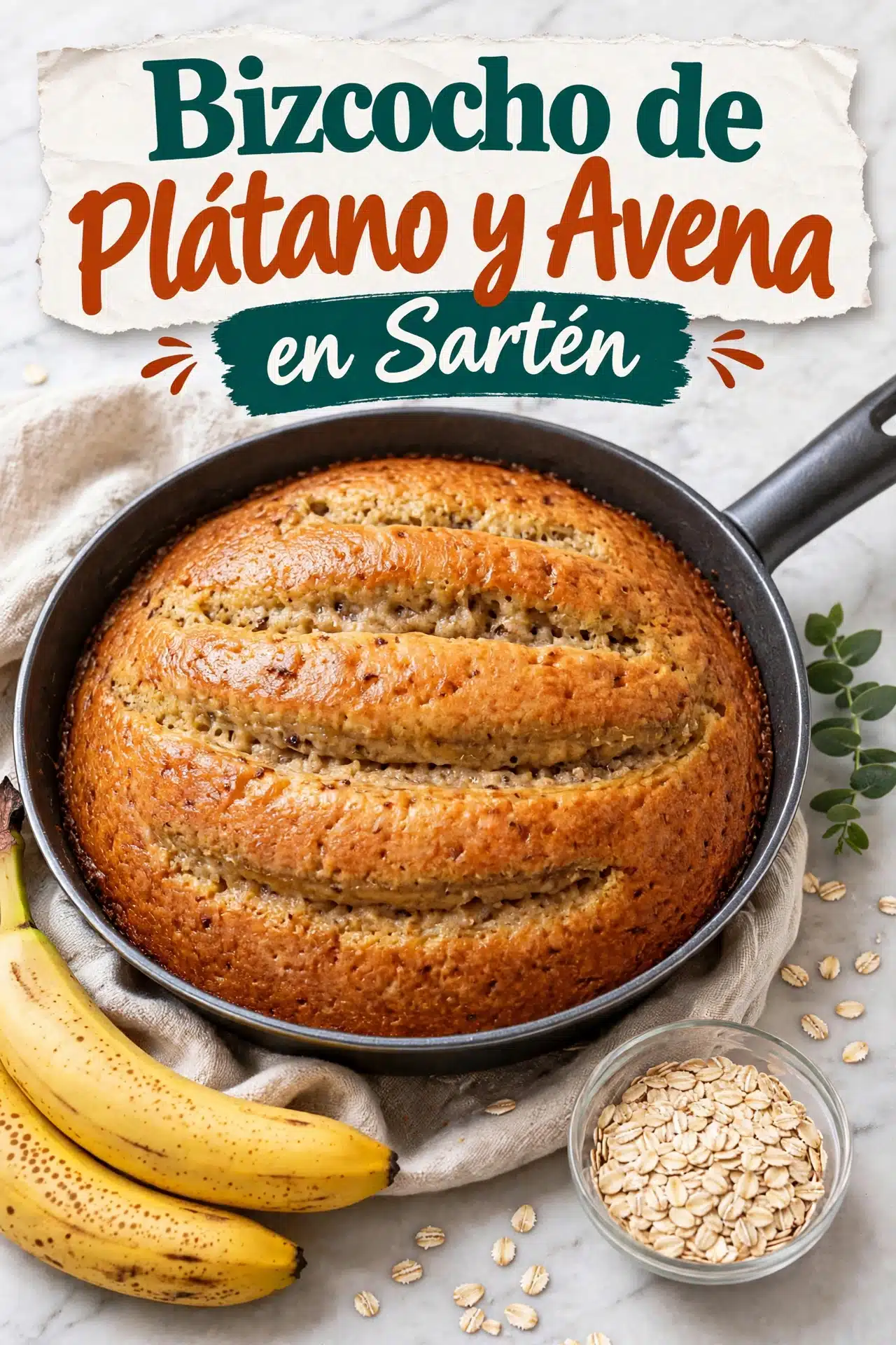 Bizcocho de Plátano y Avena en Sartén sin horno, con plátanos maduros y avena