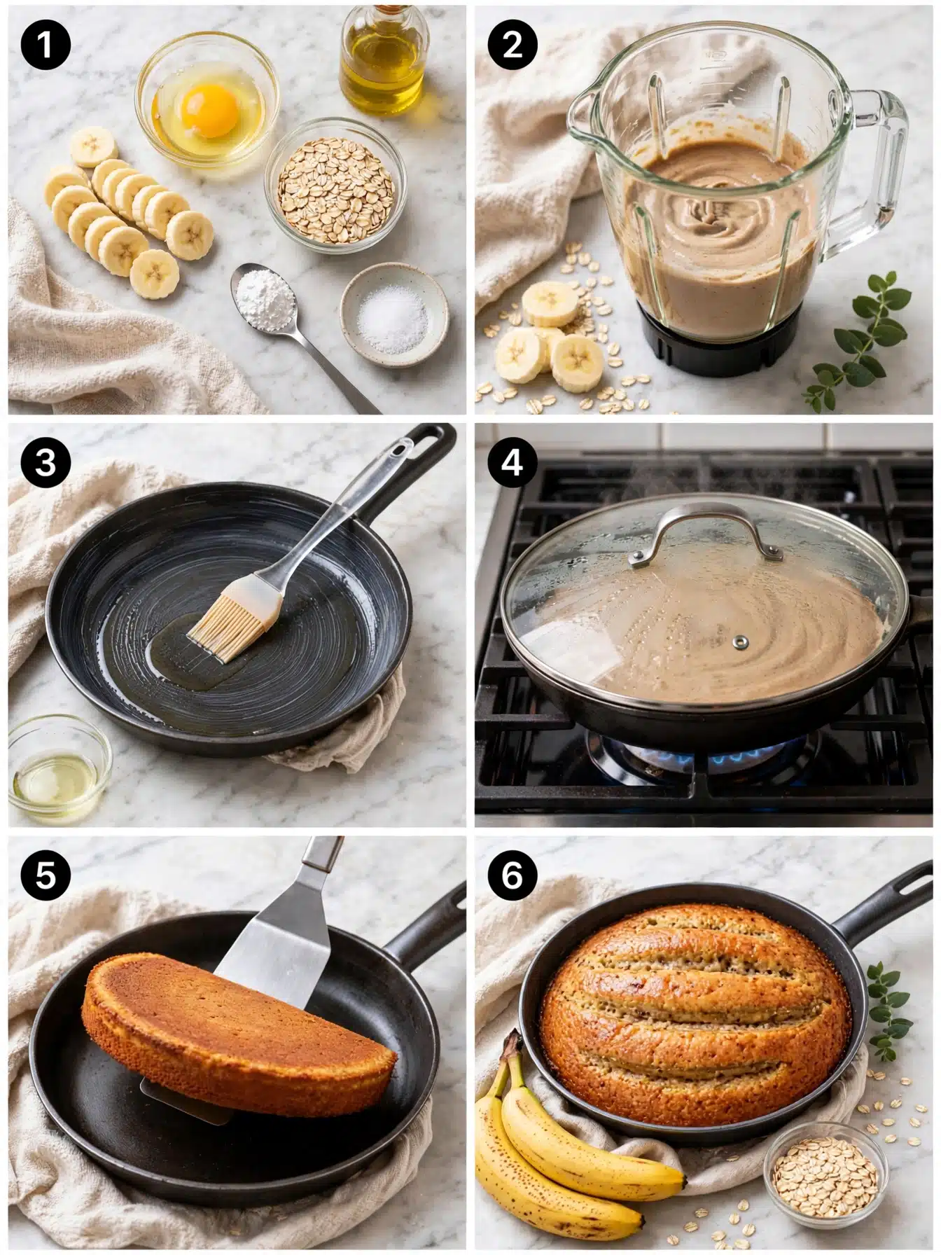 Pasos para preparar Bizcocho de Plátano y Avena en Sartén, desde la mezcla en licuadora hasta el bizcocho dorado en sartén