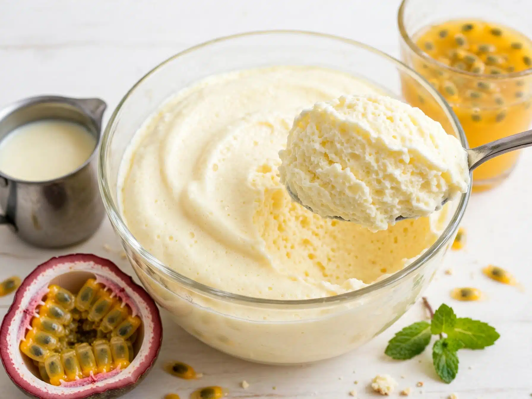 mousse cremosa de chocolate blanco de maracuyá en un bol de cristal, con una cucharada levantada