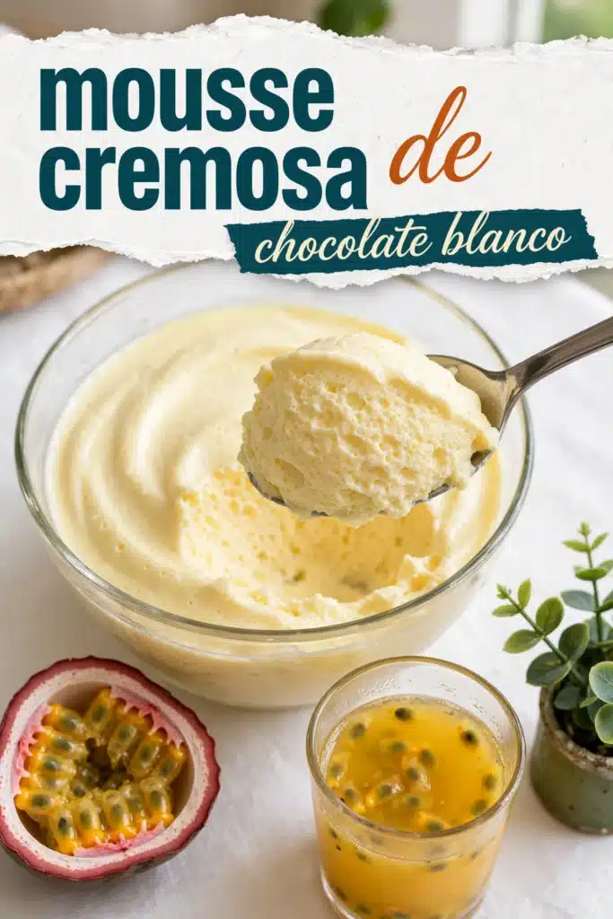 mousse cremosa de chocolate blanco casera, suave y con maracuyá