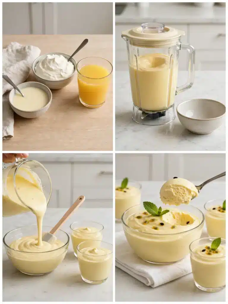 Pasos para preparar la mousse cremosa de chocolate blanco, desde mezclar los ingredientes hasta refrigerarla y servirla bien fría