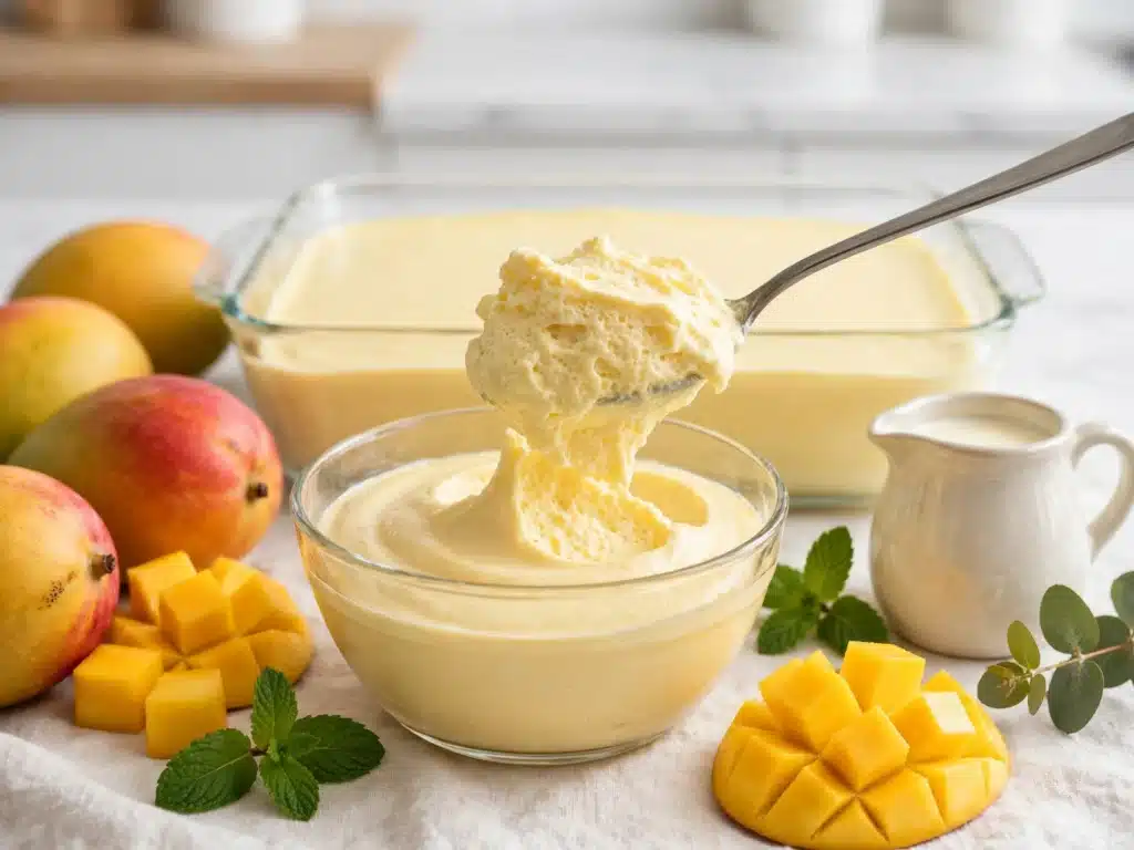 Mousse Cremoso de Mango en un bol de cristal con una cucharada levantada y la fuente de mousse detrás