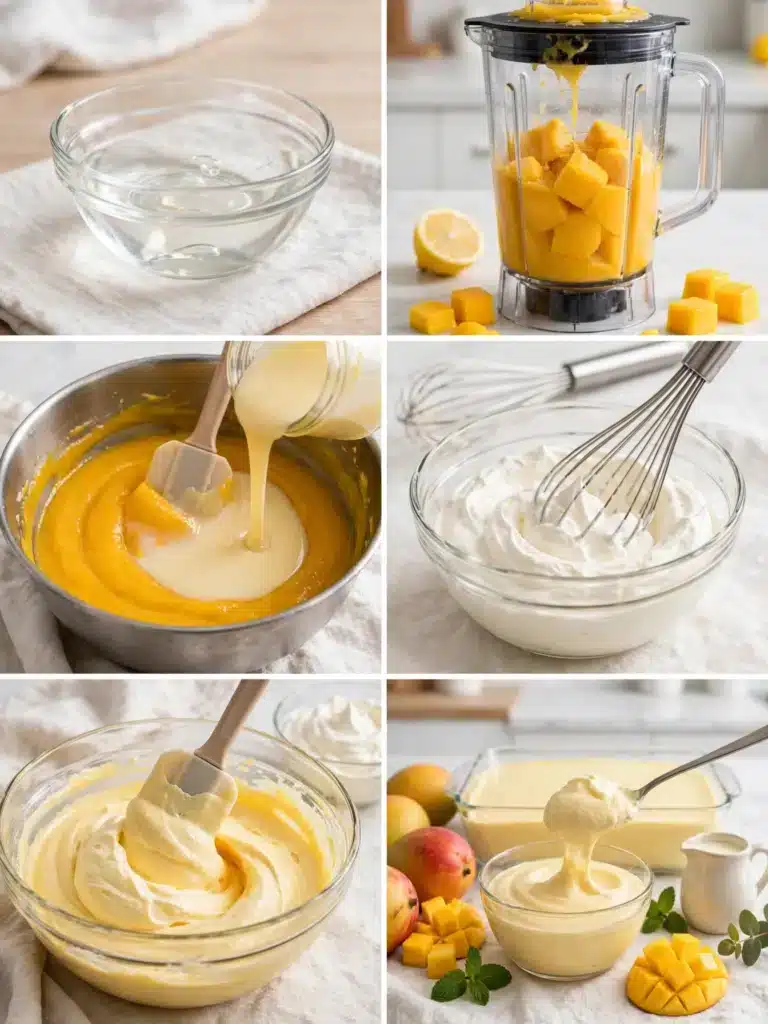 Pasos para preparar Mousse Cremoso de Mango, desde licuar el mango hasta refrigerarlo y servirlo