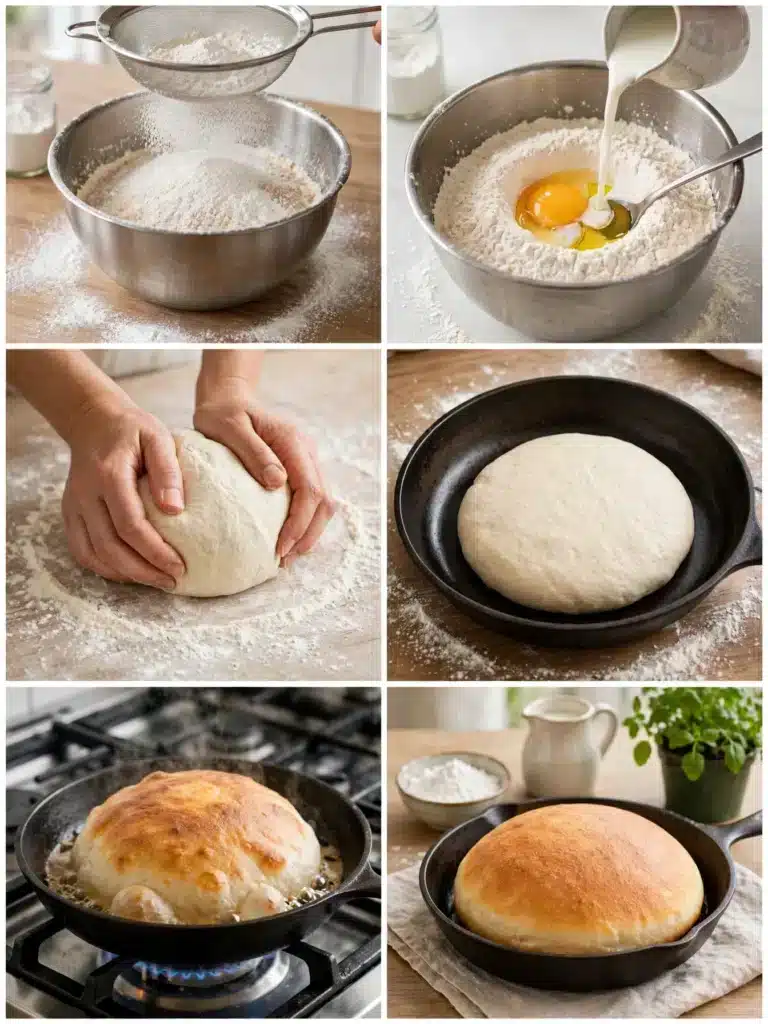 Pasos para preparar Pan de Maicena en Sartén, desde mezclar la masa hasta cocer el pan dorado en la sartén