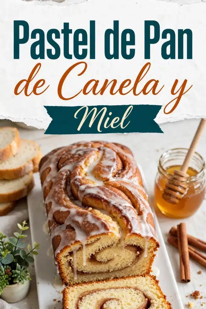 Pastel de Pan de Canela y Miel: pan dulce en forma de barra con remolino de canela y glaseado blanco, con una rebanada gruesa delante
