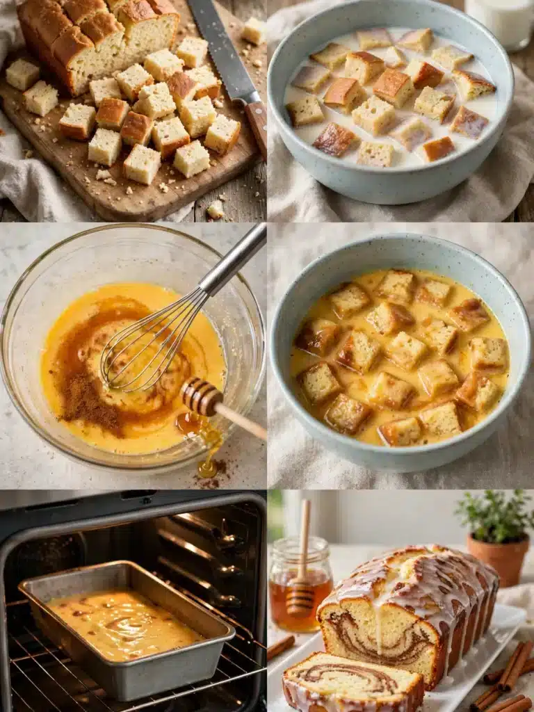 Pasos para preparar Pastel de Pan de Canela y Miel, desde cortar el pan en cubos y remojarlo en leche hasta la barra glaseada con remolino de canela y su rebanada